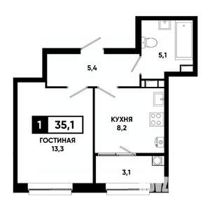 1-к квартира, строящийся дом, 35м2, 9/19 этаж