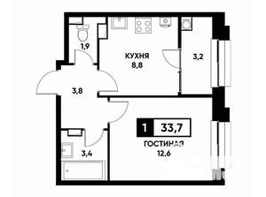 1-к квартира, вторичка, 34м2, 3/22 этаж