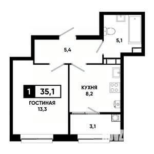 1-к квартира, строящийся дом, 35м2, 6/19 этаж