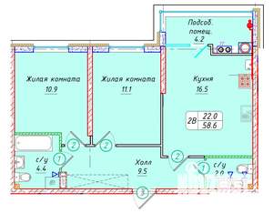 2-к квартира, вторичка, 59м2, 5/22 этаж