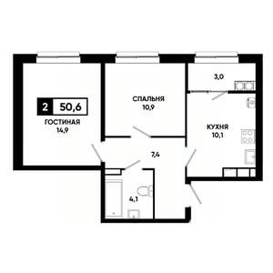 2-к квартира, строящийся дом, 51м2, 17/19 этаж