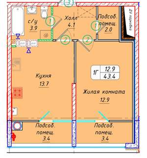 Студия квартира, вторичка, 43м2, 8/21 этаж