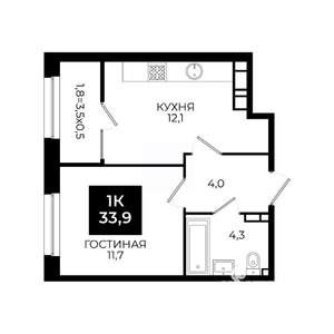 1-к квартира, вторичка, 34м2, 14/24 этаж