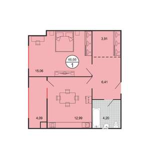 1-к квартира, строящийся дом, 47м2, 1/4 этаж
