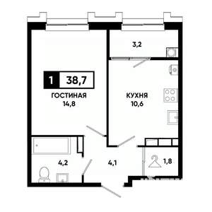 1-к квартира, строящийся дом, 39м2, 12/21 этаж