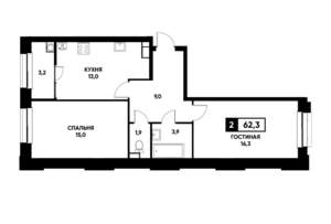 2-к квартира, вторичка, 62м2, 7/22 этаж