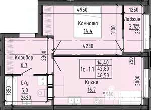 1-к квартира, вторичка, 46м2, 12/25 этаж