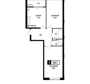 2-к квартира, строящийся дом, 62м2, 16/19 этаж