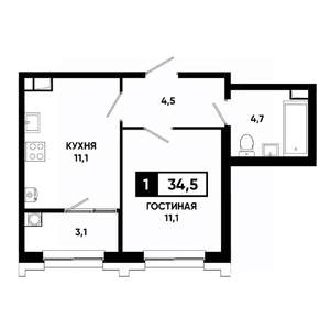 1-к квартира, вторичка, 35м2, 6/21 этаж