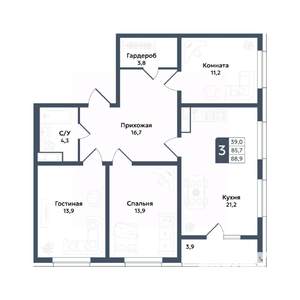 3-к квартира, вторичка, 89м2, 18/20 этаж