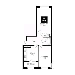 2-к квартира, вторичка, 61м2, 17/24 этаж