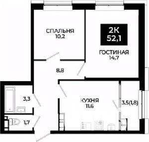 2-к квартира, вторичка, 52м2, 17/24 этаж