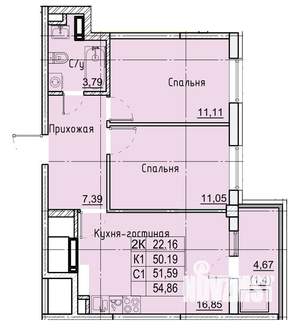 2-к квартира, вторичка, 55м2, 3/21 этаж