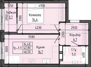 1-к квартира, вторичка, 46м2, 7/25 этаж