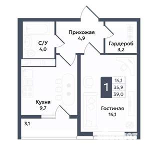 1-к квартира, вторичка, 39м2, 3/22 этаж
