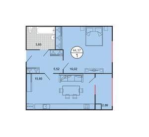 1-к квартира, строящийся дом, 44м2, 1/6 этаж