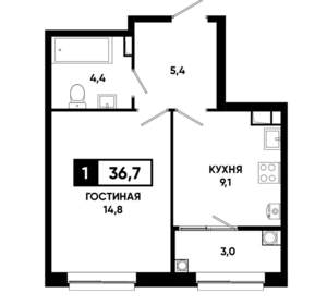 1-к квартира, строящийся дом, 37м2, 5/19 этаж