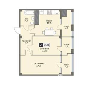 2-к квартира, строящийся дом, 67м2, 8/12 этаж