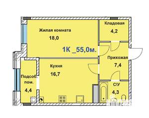 1-к квартира, строящийся дом, 55м2, 4/8 этаж