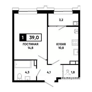 1-к квартира, строящийся дом, 39м2, 9/21 этаж