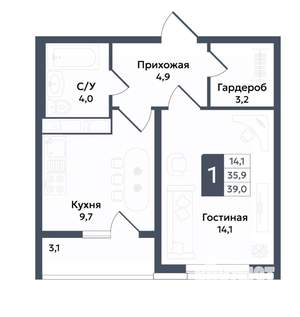 1-к квартира, вторичка, 39м2, 5/22 этаж