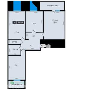 3-к квартира, вторичка, 72м2, 1/17 этаж