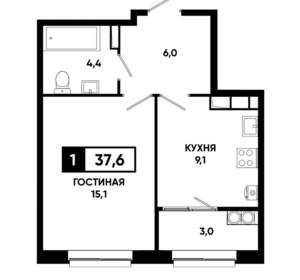 1-к квартира, строящийся дом, 38м2, 13/19 этаж