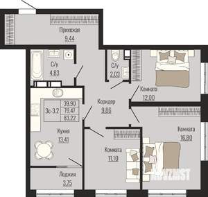 3-к квартира, вторичка, 83м2, 3/25 этаж