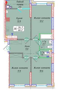 3-к квартира, вторичка, 66м2, 22/21 этаж