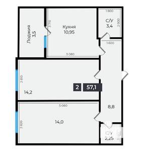 2-к квартира, вторичка, 57м2, 14/16 этаж