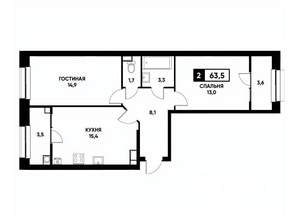 2-к квартира, вторичка, 64м2, 11/22 этаж