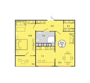 2-к квартира, строящийся дом, 59м2, 17/19 этаж