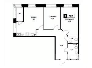 2-к квартира, вторичка, 72м2, 14/20 этаж