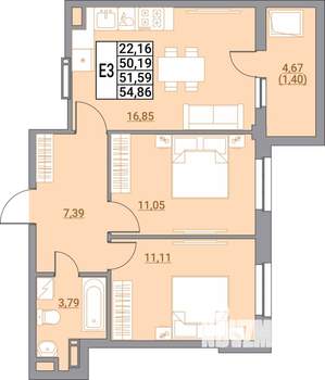2-к квартира, вторичка, 55м2, 4/21 этаж
