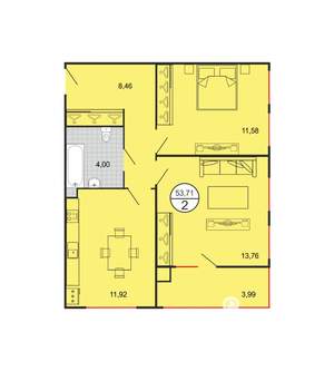 2-к квартира, вторичка, 54м2, 1/4 этаж