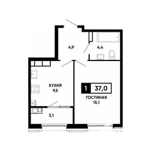1-к квартира, вторичка, 37м2, 15/16 этаж