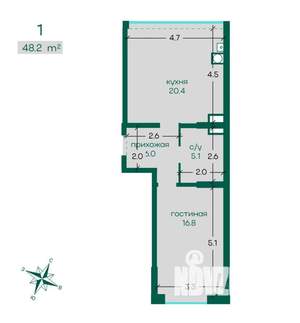 1-к квартира, вторичка, 48м2, 5/18 этаж