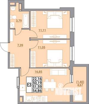 2-к квартира, вторичка, 55м2, 21/21 этаж