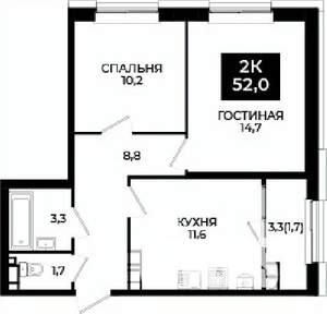 2-к квартира, вторичка, 52м2, 17/24 этаж
