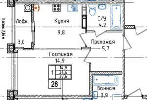 1-к квартира, вторичка, 38м2, 5/8 этаж