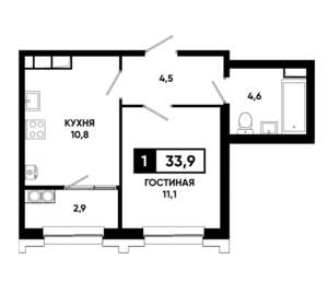 1-к квартира, строящийся дом, 34м2, 16/21 этаж