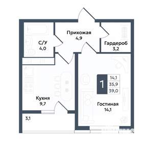1-к квартира, вторичка, 39м2, 4/20 этаж