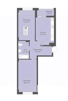 2-к квартира, вторичка, 67м2, 8/18 этаж