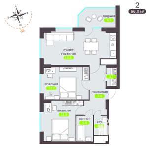 2-к квартира, вторичка, 66м2, 9/19 этаж