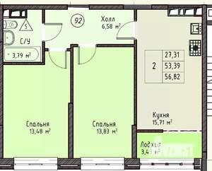 2-к квартира, вторичка, 57м2, 14/19 этаж