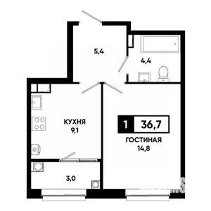 1-к квартира, строящийся дом, 37м2, 11/19 этаж