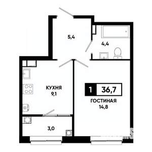 1-к квартира, вторичка, 37м2, 7/19 этаж