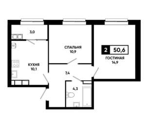 2-к квартира, строящийся дом, 51м2, 13/19 этаж