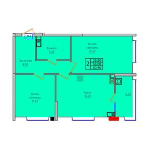 2-к квартира, строящийся дом, 60м2, 3/18 этаж