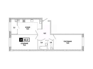 2-к квартира, вторичка, 62м2, 8/16 этаж